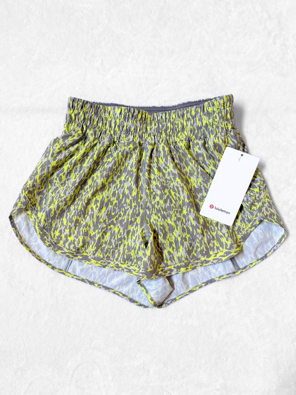 NWT Lululemon Track That HR Short 3” – Leopard Camo Highlight Yellow – Size 6